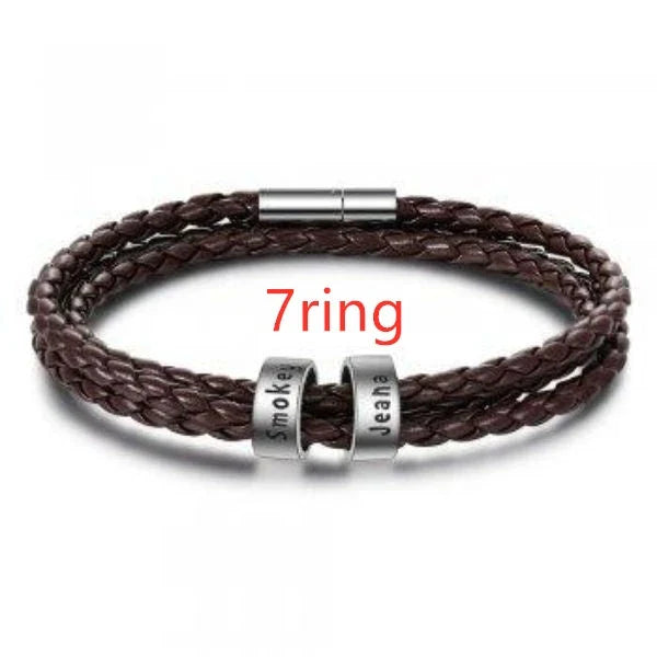 Personalized Leather Bracelet with Engraved Name Charm in Black and Brown Colors
