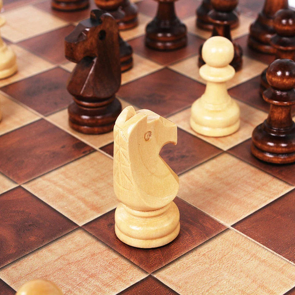 Wooden 3-in-1 board game set with backgammon, chess, and checkers pieces on a wooden game board