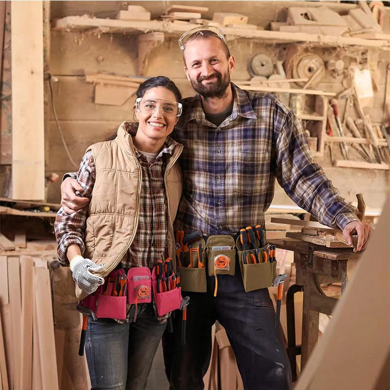Adjustable tool belt made from durable 900D Oxford cloth with 19 pockets and 20 kg capacity, available in khaki and pink colours