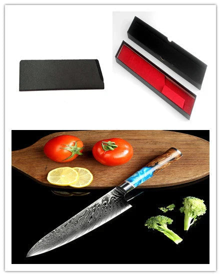 Exquisite Japanese Damascus Steel Chef's Knife with Stunning Brocade Pattern and Ergonomic Resin Wood Handle