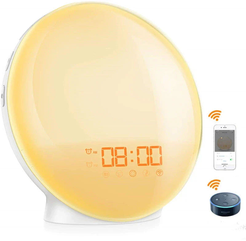 Natural wake-up light alarm clock with soothing nature sounds and customisable ambient lighting