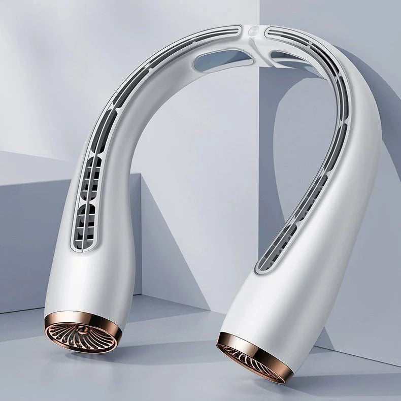 Neck-mounted bladeless fan with imitation aircraft turbine design, dual air outlets, and chilled aluminium sheets for rapid cooling