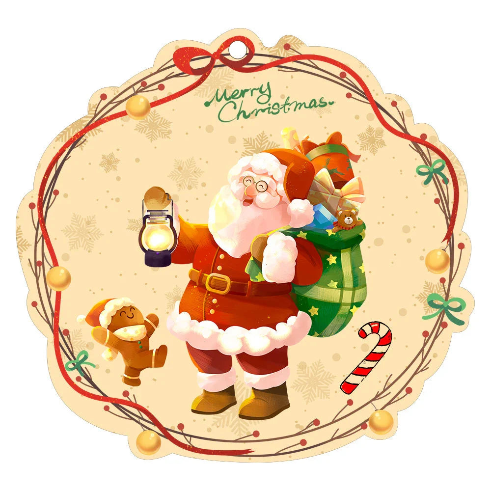Festive car ornament hanging from rearview mirror with Christmas designs