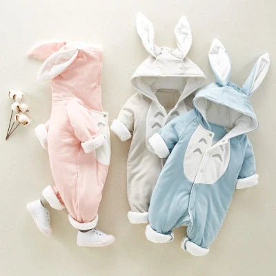 Cosy cotton hooded baby romper with chinchilla-like lining, perfect for keeping your little one warm and comfortable