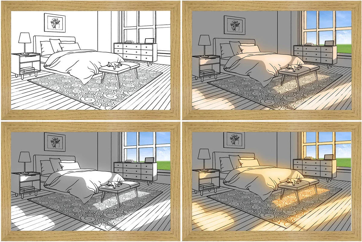 Illuminating LED picture light with customizable lighting modes, showcasing various nature scenes and cityscapes