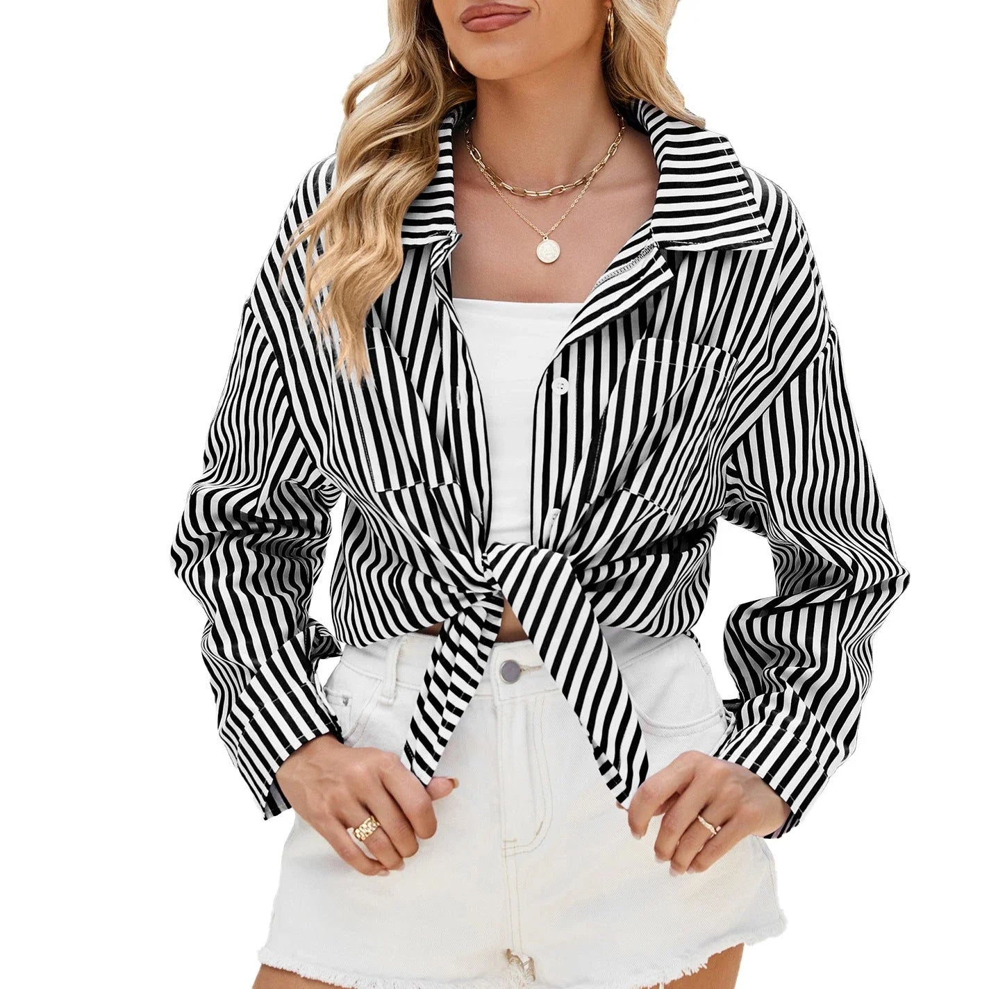 Striped long sleeve shirt with pockets for women, available in various color options and sizes