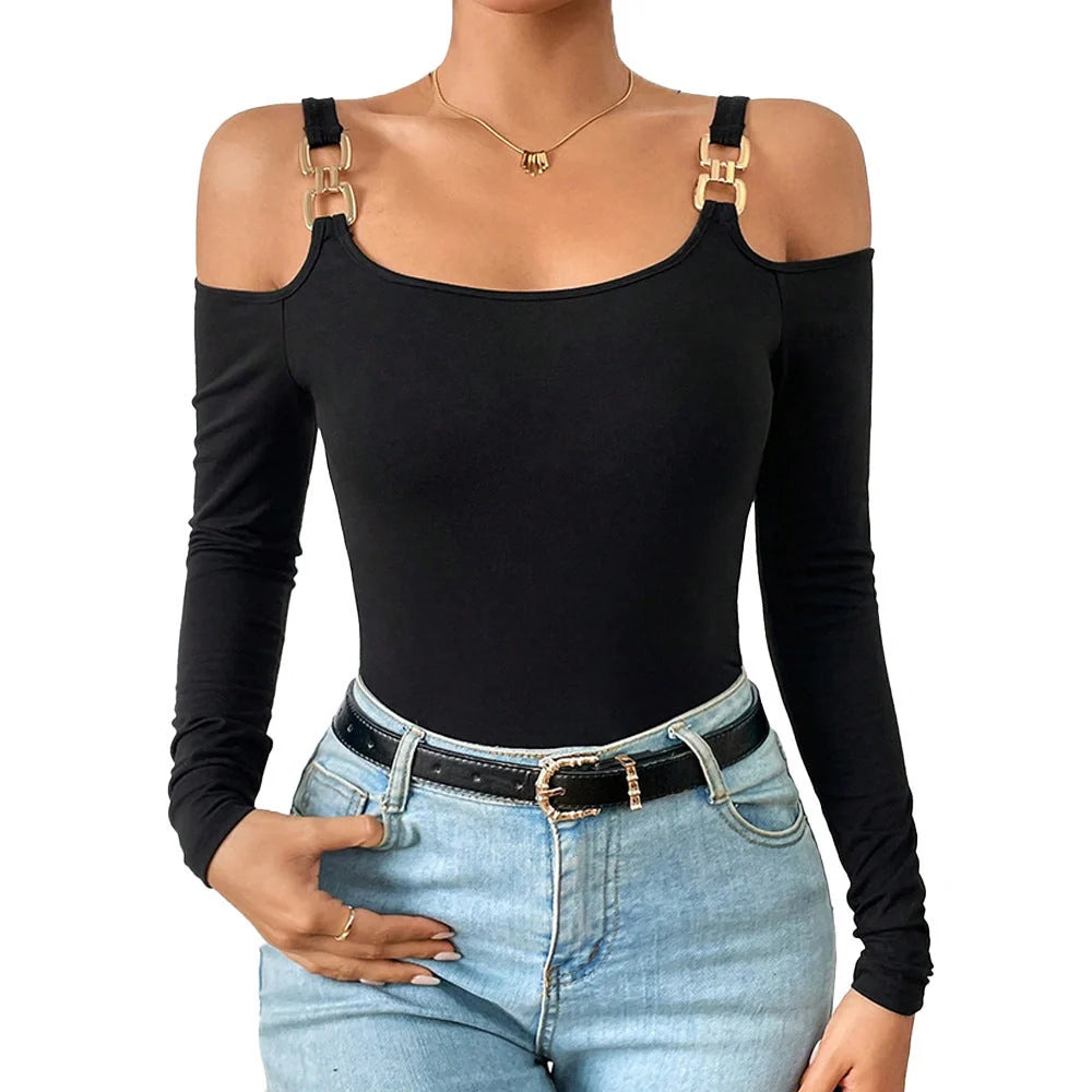 Stylish off-shoulder top with metal hook closure, long sleeves, and premium knitted fabric for modern British fashion