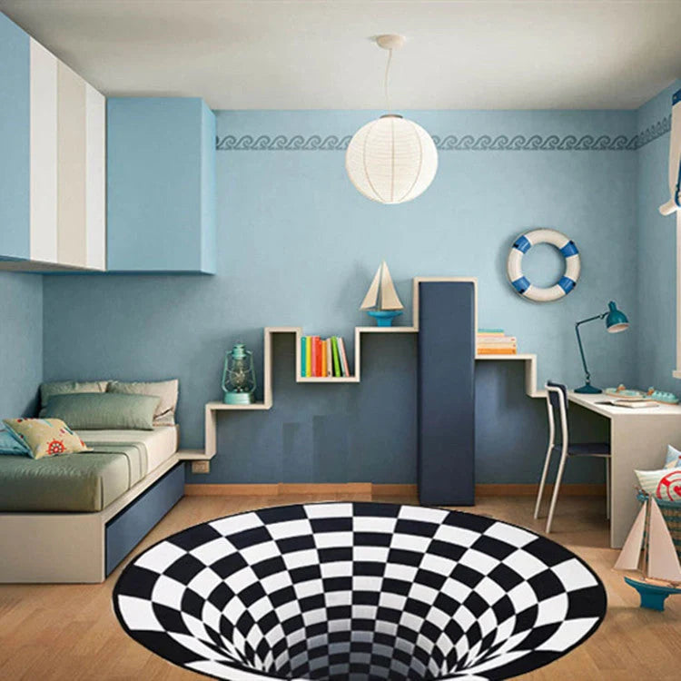 3D Geometric Round Carpet Vortex Illusion Rug in Black and White