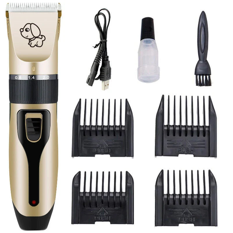 A precision dog hair trimmer with a quiet motor, featuring five speed settings, a titanium alloy fixed knife, and a long-lasting rechargeable battery for a stress-free grooming experience.