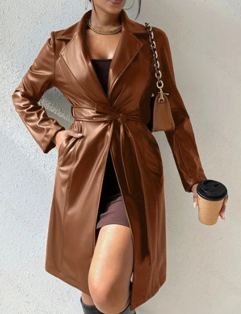 Stylish slim-fit PU leather trench coat for women in various colours, including black, brown, rose red, and wine red.