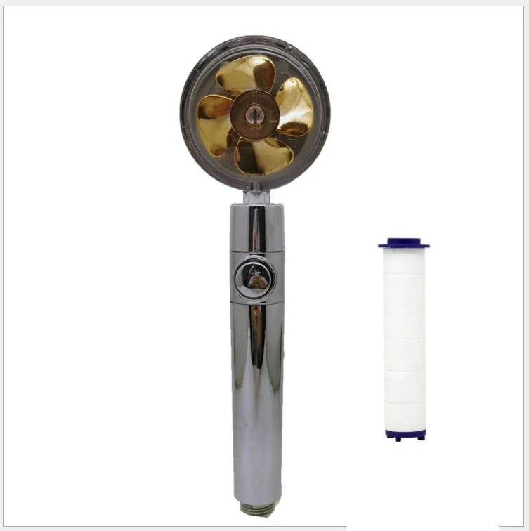 A high-pressure shower head with a stop button, cotton filter, and powerful water pressure for a luxurious bathing experience.