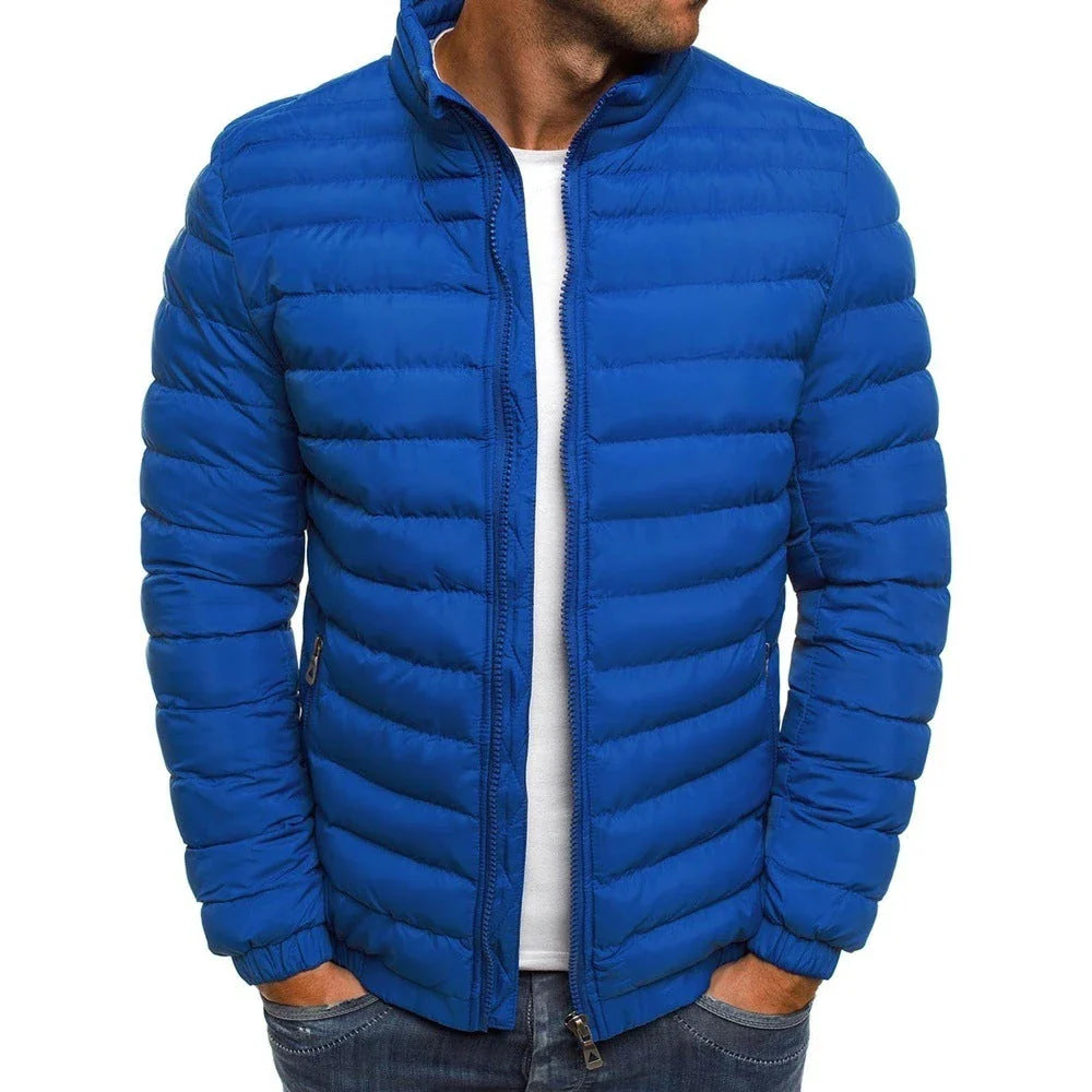 Premium men's insulated jacket in a variety of vibrant colors, featuring a durable, water-resistant outer shell and cozy polyester fiber insulation for warmth and comfort during outdoor activities.