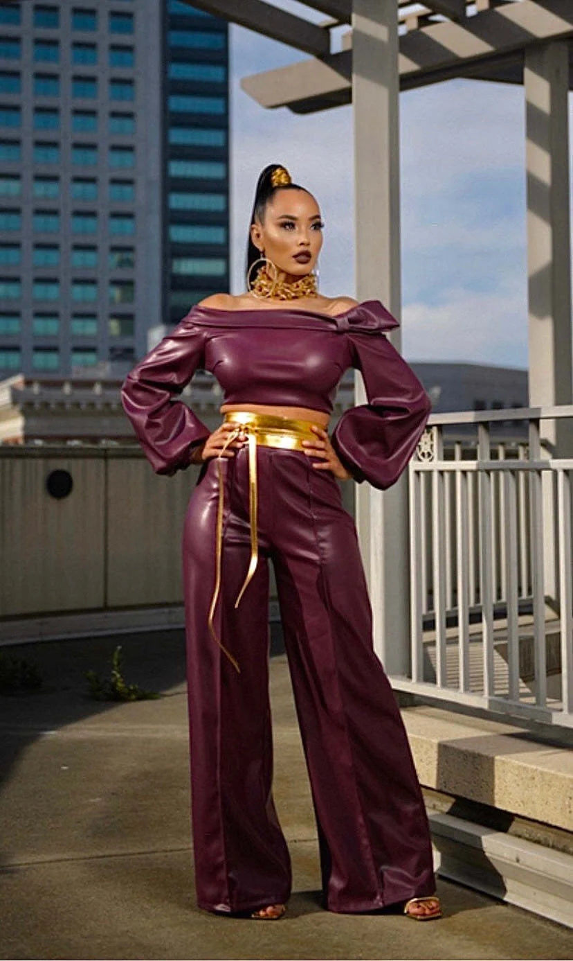 Women's wine red leather suit with detailed stitching, sizes S to XXL