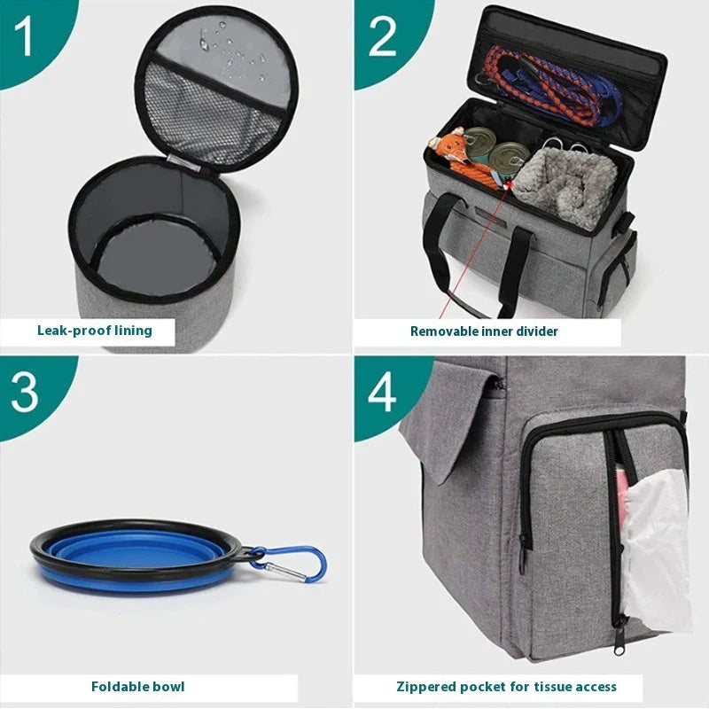 Grey dog travel backpack with removable divider and multiple carrying options