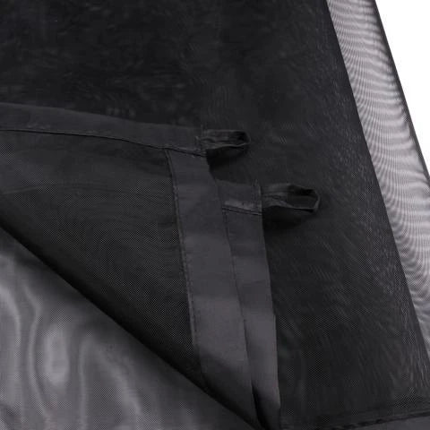 Versatile foldable pet safety barrier made of durable mesh fabric and stainless steel for use in doorways, walls, and stairs