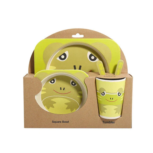 Five-piece bamboo fibre children's tableware set with plates, bowls, cups, spoons, and forks in various animal-themed designs
