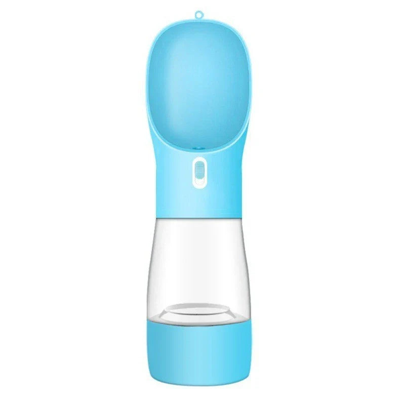 Portable pet water bottle and food bowl made of durable plastic, available in multiple colors for outdoor adventures with your furry friend.