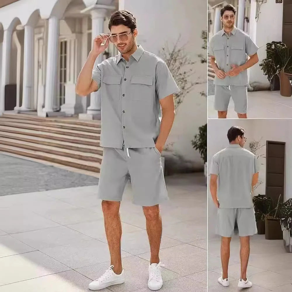 A stylish summer suit featuring a short-sleeved shirt and drawstring shorts in a variety of classic colours, perfect for leisure and sports activities.