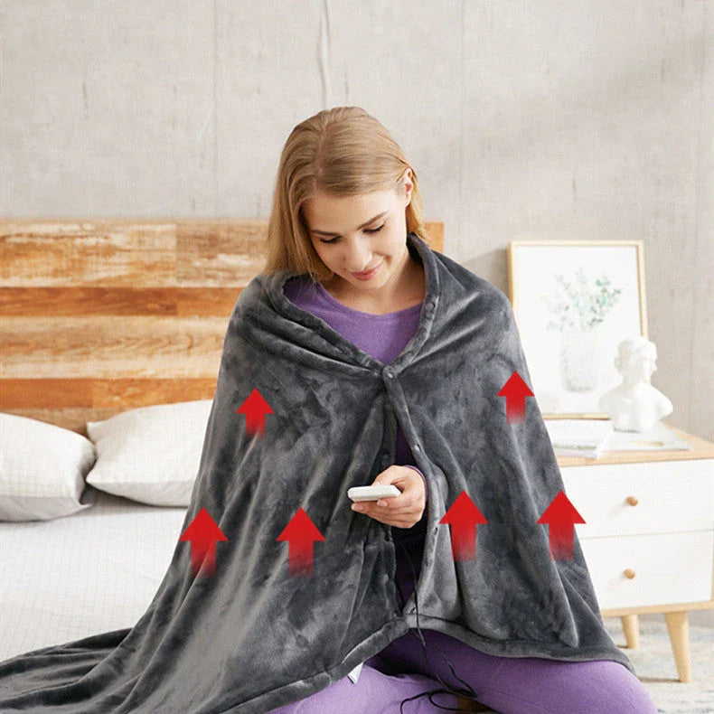 Cozy electric heated blanket made of soft, plush coral fleece with adjustable temperature settings and USB connectivity for portable warmth