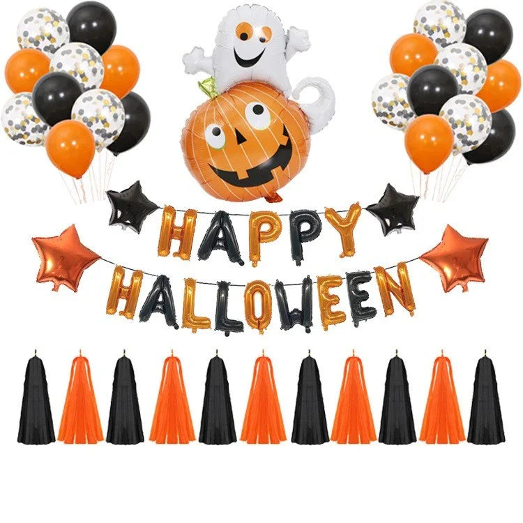 Spooky Halloween balloon decorations featuring pumpkins and bats in various styles