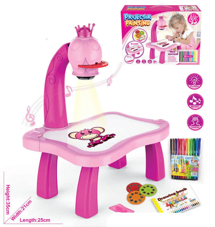 A smart projection art desk with various colourful patterns, drawing pens, and a blank drawing book, designed to stimulate children's creativity and intellectual development.