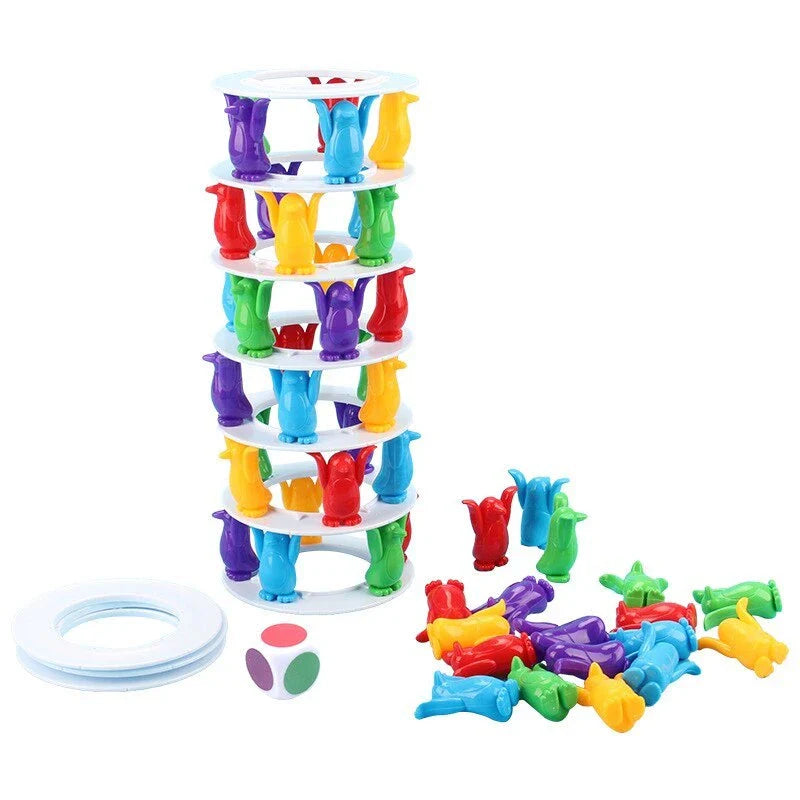 Stackable penguin-themed balance game with colourful plastic pieces for building challenging towers