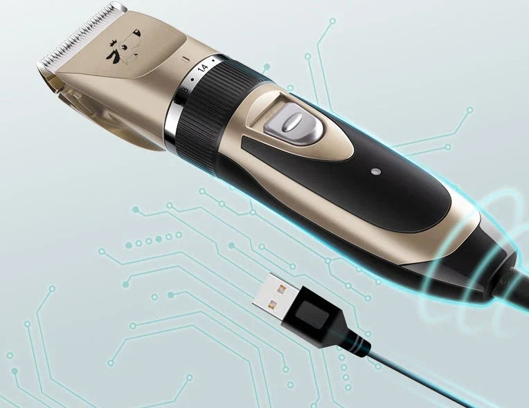 A precision dog hair trimmer with a quiet motor, featuring five speed settings, a titanium alloy fixed knife, and a long-lasting rechargeable battery for a stress-free grooming experience.