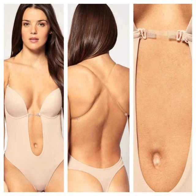 Versatile Backless Body Shaper Bra in beige, black, and white colors, featuring adjustable straps and compression panels for a customized fit