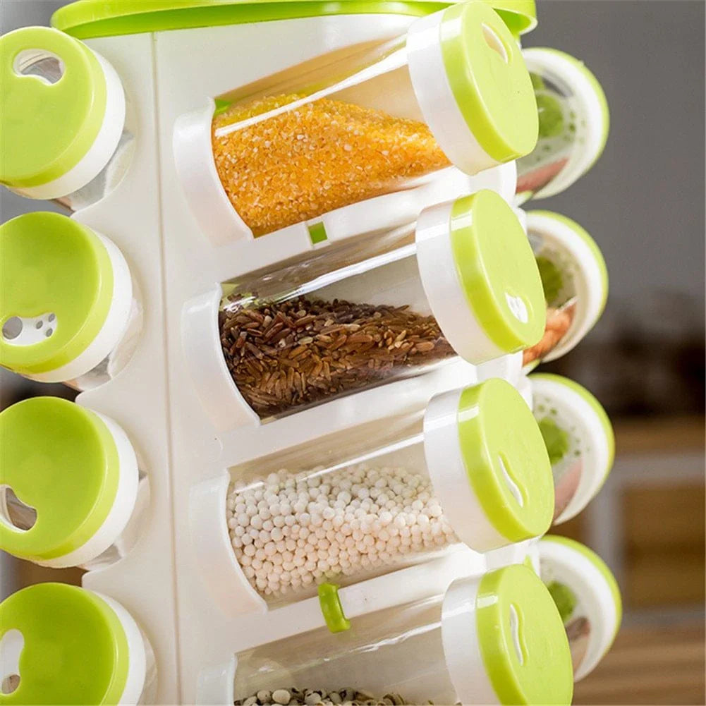 Premium rotating spice rack with 16 individual compartments for storing various spices, herbs, and seasonings
