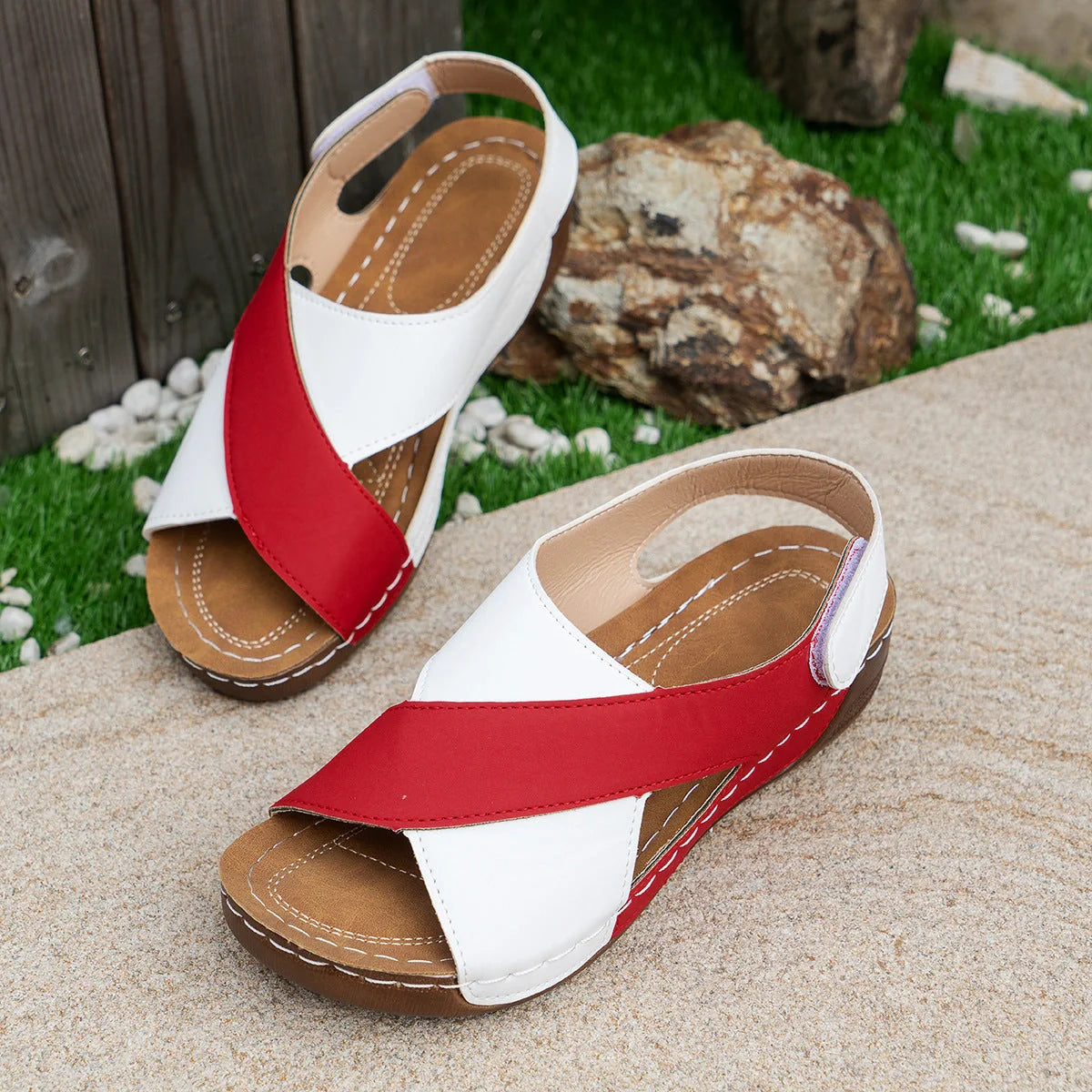 Stylish wedge sandals with a colourful cross-strap design for women's summer fashion