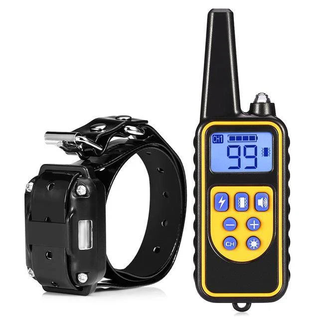Remote-controlled anti-bark dog training collar with adjustable settings and 800-yard range