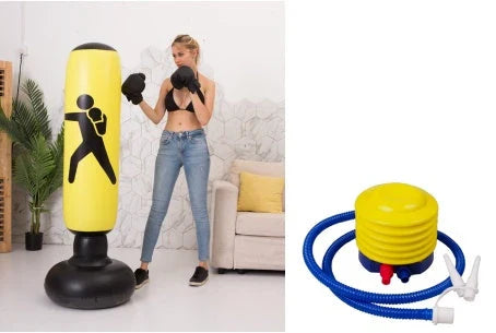 Premium inflatable freestanding boxing punch bag with durable PVC construction, reinforced double-cap seal, and large suction chassis for stable home workouts.
