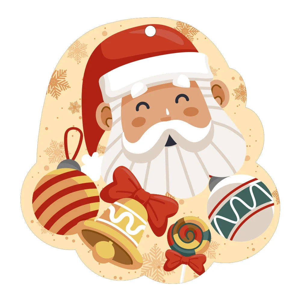 Festive car ornament hanging from rearview mirror with Christmas designs