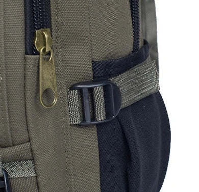 Men's canvas backpack with zippered opening, available in multiple colours including coffee, light khaki, and black.