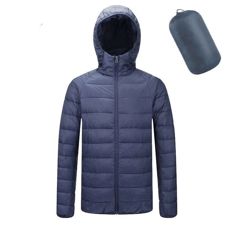 Men's insulated hooded jacket in various colors and styles with adjustable hood and zippered pockets