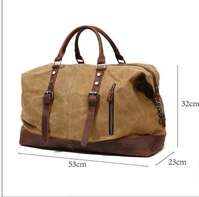 A large, khaki-coloured canvas crossbody luggage bag with multiple pockets and compartments for organised travel
