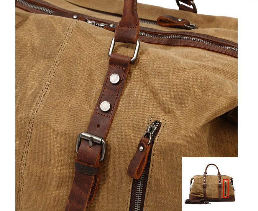 A large, khaki-coloured canvas crossbody luggage bag with multiple pockets and compartments for organised travel