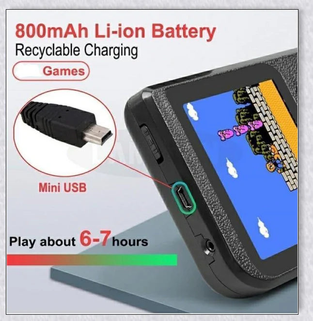 Mini New Retro Gaming Video Console with 400 classic games, vibrant 3-inch colour display, and rechargeable battery for portable gaming on the go.