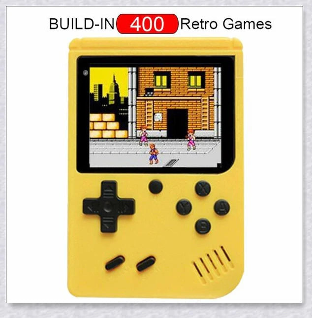 Mini New Retro Gaming Video Console with 400 classic games, vibrant 3-inch colour display, and rechargeable battery for portable gaming on the go.