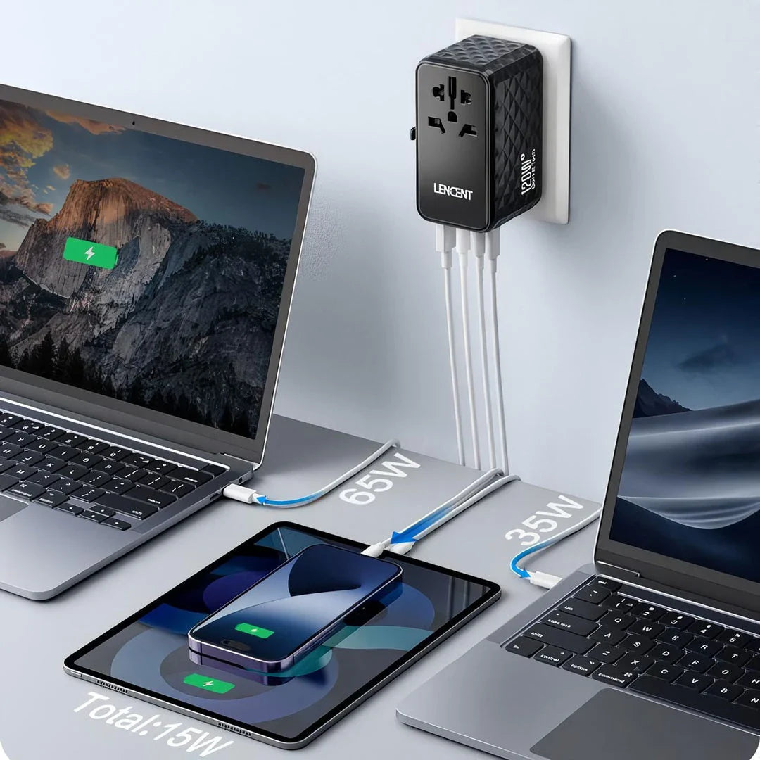 120W Universal GaN Fast Charger with Multi-Region Travel Adapter for Charging Multiple Devices Simultaneously