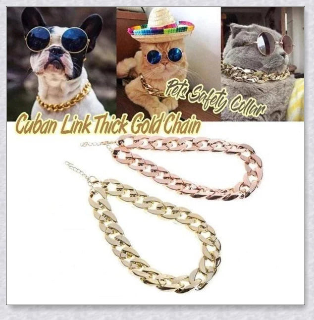 Thick gold chain dog collar with a stylish and durable design, perfect for adding a touch of urban sophistication to your pet's look.