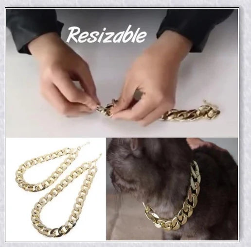 Thick gold chain dog collar with a stylish and durable design, perfect for adding a touch of urban sophistication to your pet's look.