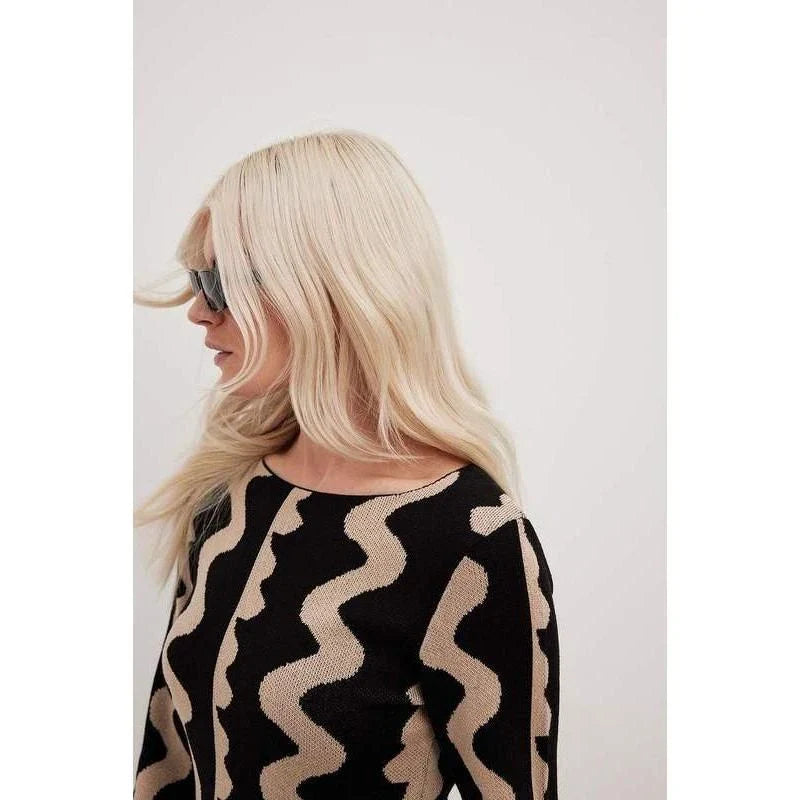 Elegant striped knit midi dress with O-neck, flare sleeves, and ankle-length cut