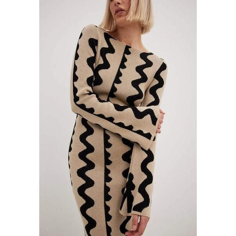 Elegant striped knit midi dress with O-neck, flare sleeves, and ankle-length cut