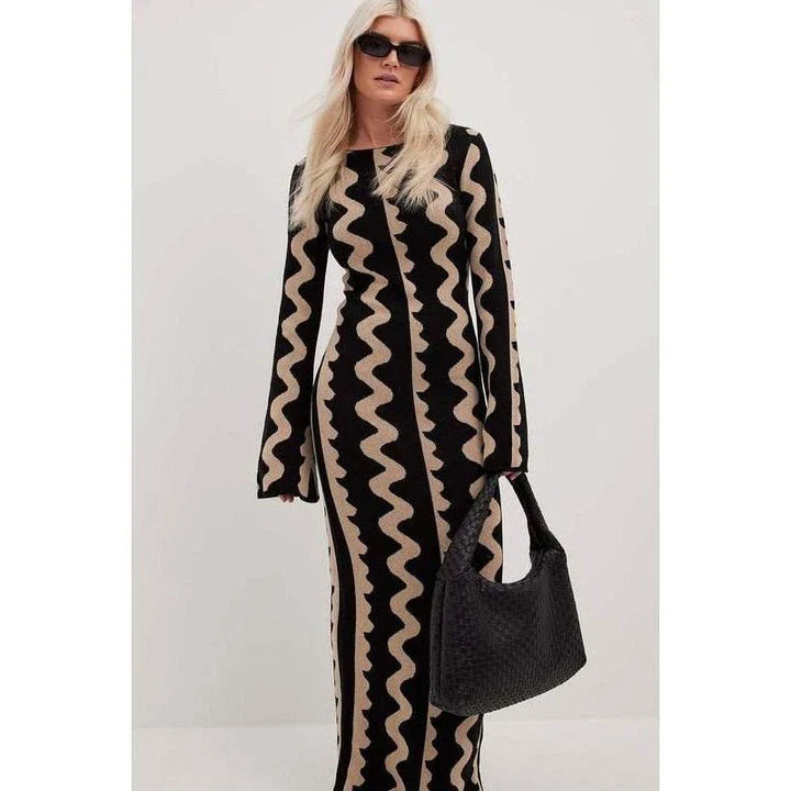 Elegant striped knit midi dress with O-neck, flare sleeves, and ankle-length cut