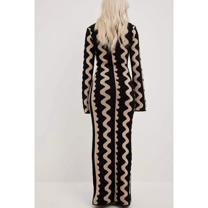 Elegant striped knit midi dress with O-neck, flare sleeves, and ankle-length cut