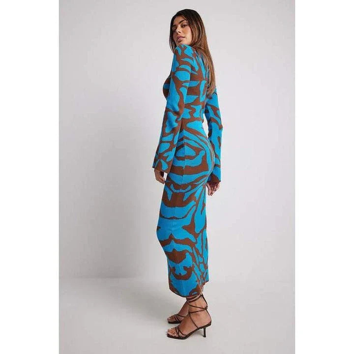 Elegant striped knit midi dress with O-neck, flare sleeves, and ankle-length cut