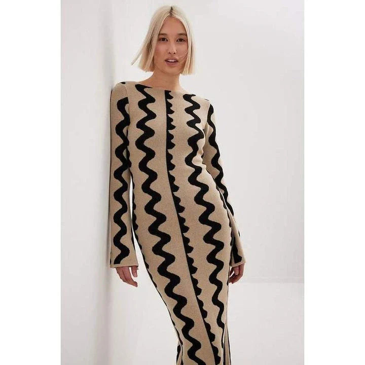 Elegant striped knit midi dress with O-neck, flare sleeves, and ankle-length cut