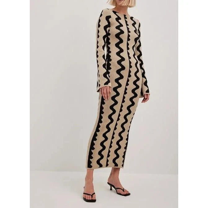 Elegant striped knit midi dress with O-neck, flare sleeves, and ankle-length cut
