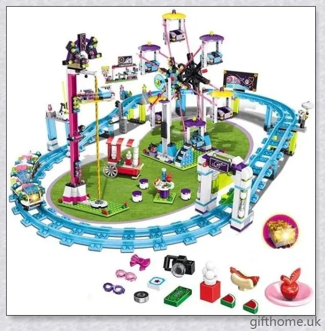 Compatible Friends Amusement Park With Roller Coaster - A LEGO-compatible set with a roller coaster, Ferris wheel, and drop tower for children's imaginative play